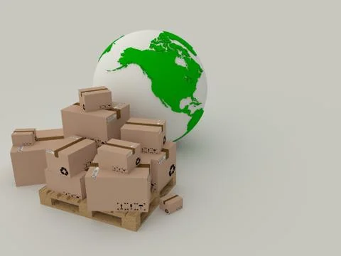 Globe icon and pallet with boxes, world delivery. 3d render Stock Illustration