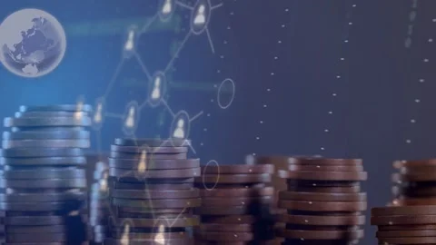 Globe icon appearing, coins anchoring while avatars linking into network showing Stock Footage 335234941