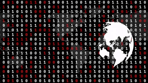 On globe icon appearing, globe rotating with flickering red binary digits Stock Footage 312407552