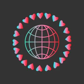 Globe icon, circle of hearts. Gradient colors, blue pink red. Concept of love Illustrazione stock