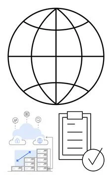 Globe icon, cloud storage with data transfer arrows, icons for communication  イラスト素材