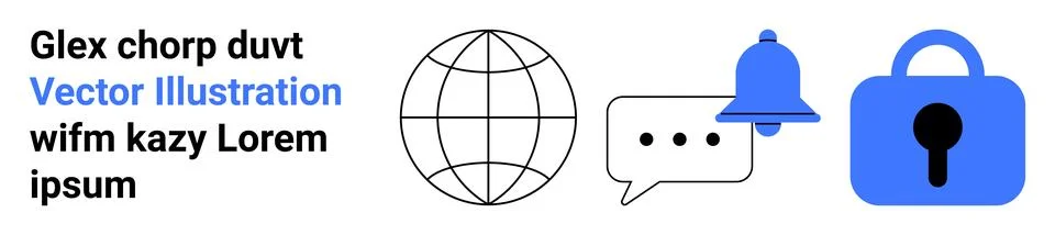 Globe icon, dialogue bubble with three dots, blue notification bell, and blue 스톡 일러스트