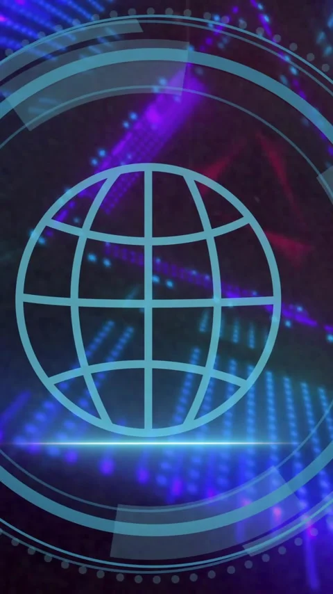Globe icon with digital data processing animation over vibrant blue and purple Stock Footage 341927961