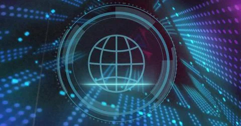Globe icon with digital data processing image over vibrant blue and purple Stock Illustration