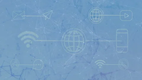 Globe icon glowing while connecting envelope, smartphone, Wi-Fi, chat bubble and Stock Footage 307857546