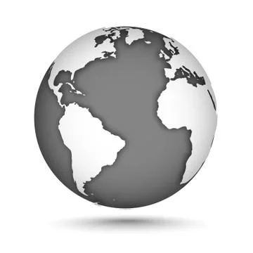Globe icon gray on white with smooth vector shadows and map of the continents of Illustrazione stock