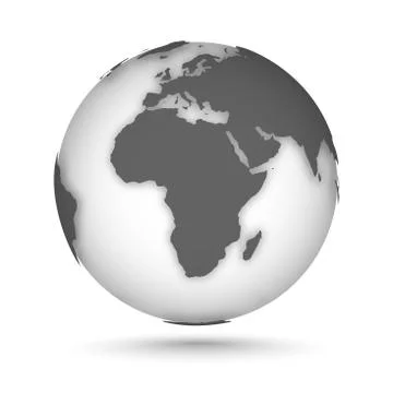 Globe icon gray on white with smooth vector shadows and map of the continents of Illustrazione stock