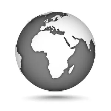 Globe icon gray on white with smooth vector shadows and map of the continents of Stock Illustration