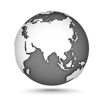Globe icon gray on white with smooth vector shadow and map of the continents of Stock Illustration