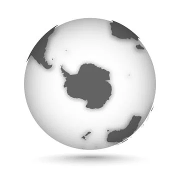 Globe icon gray on white with smooth vector shadow and map of the continents in Stock Illustration