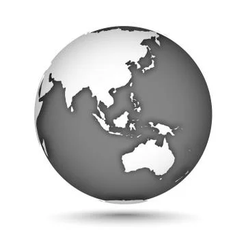 Globe icon gray on white with smooth vector shadow and map of the continents of Stock Illustration