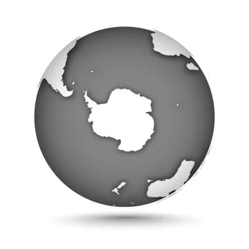 Globe icon gray on white with smooth vector shadow and map of the continents in Stock Illustration
