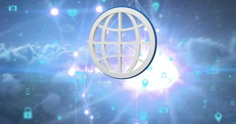 Globe icon with network symbols image over digital cloud background Stock Illustration