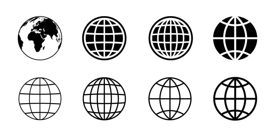 Globe icon, Planet, earth map, global symbols, world map web icons set. Stock Illustration