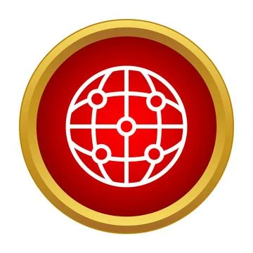 Globe icon showing network points on a red background with a gold frame Stock Illustration