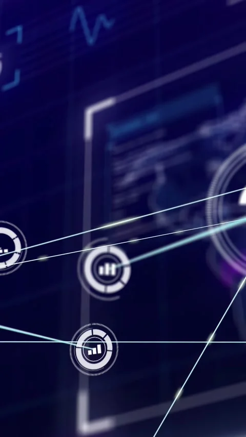 Globe icon sliding into blue dashboard, network forming with nodes linking and Stock Footage 330210095
