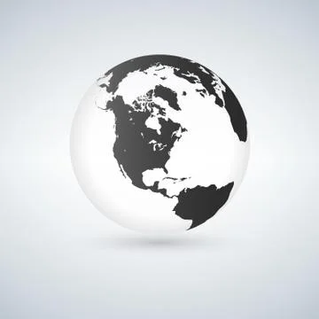 Globe icon with smooth vector shadows and black map of the continents of the  Stock Illustration