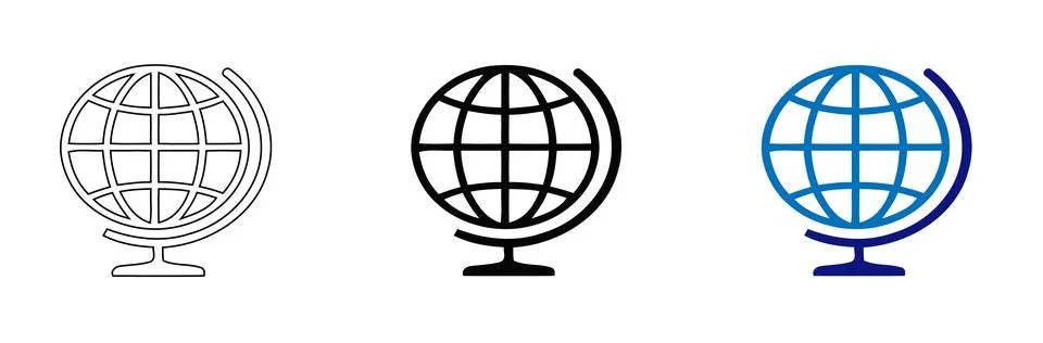 Globe Icons in Outline Solid Black and Blue with Multiple Designs Stock Illustration
