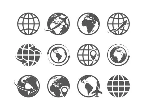 Globe icons set. World earth globe map internet global commerce tourism vector Stock Illustration