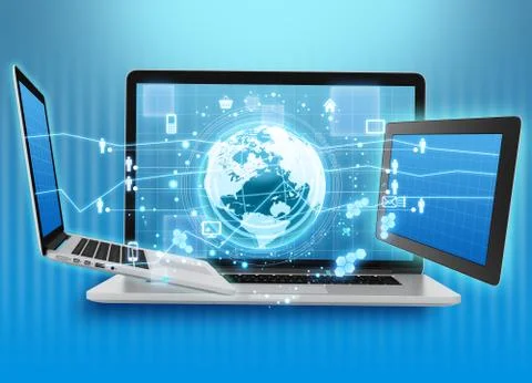 Globe with icons surrounded by laptops and tablets Stock Illustration