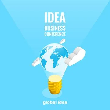 The globe inside a bulb hanging in the sky, an isometric image Stock Illustration