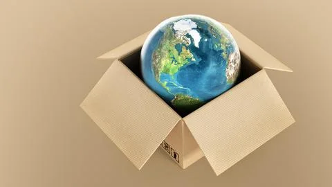 Globe inside the cardboard box. 3D illustration 스톡 일러스트