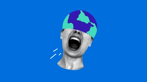 Globe inside a screaming head. Save the Earth. Ecological disaster Stock Footage 332700845