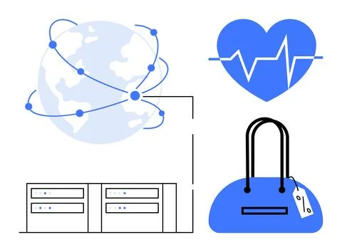 Globe with interconnected nodes, heart with heartbeat line, data servers, and Stock Illustration