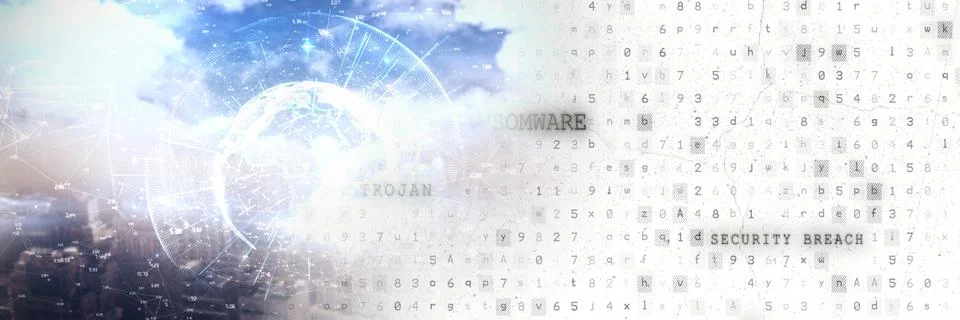 Globe interface and cloudy skyline with white smart tech transition Stock Photos