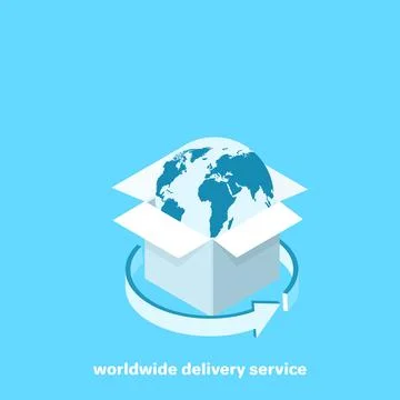 The globe in a large white box on a blue background, an isometric image Stockillustratie