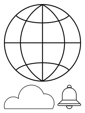 Globe with latitude and longitude lines, cloud, and notification bell. Ideal  Stock Illustration