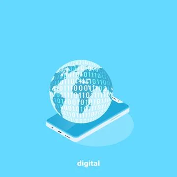 The globe lies on the smartphone, isometric image 스톡 일러스트