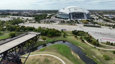 Globe Life Field appearing up while focus on AT&amp;T Stadium Stock-Footage 255680070