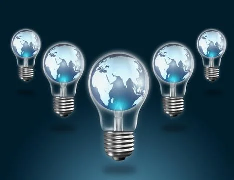 Globe in light bulb on blue background Stock Photos