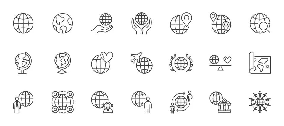 Globe line icon set. Map pin, planet earth, global business, round the world Illustrazione stock