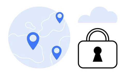 A globe lit by location markers, a lock, and a cloud. Ideal for cybersecurity Stock Illustration