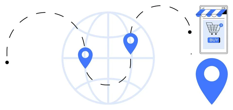 A globe with location markers connected by dashed lines and a mobile shopping Stock Illustration