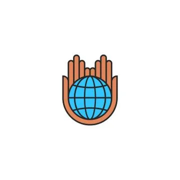 Globe logo saving planet earth concept, care nature eco icon flat style, huma Stock Illustration