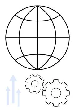 Globe with longitudinal and latitudinal lines above two gears and three upwar Stock Illustration