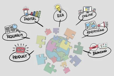 Globe made of puzzle surrounded by text and icons Illustrazione stock