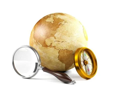 Globe with magnifying glass and compass Stock Illustration