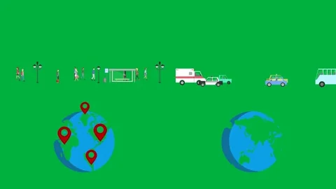 Globe map airplane train on green screen Chroma key cartoon 4k Elements Stock Footage 309641128