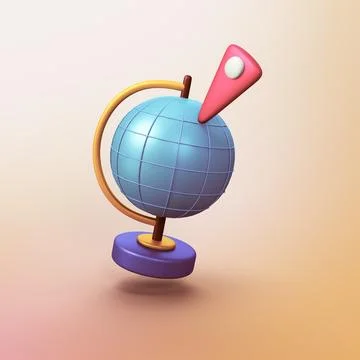 Globe with map pin - stylized 3d CGI icon object Stock Illustration