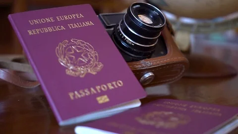 Globe map of the world passport and old vintage camera composition Video stock 90021732