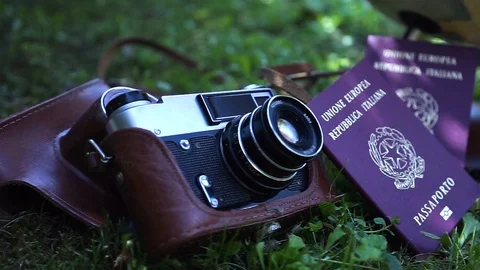 Globe map of the world passport and old vintage camera composition Video stock 90022087
