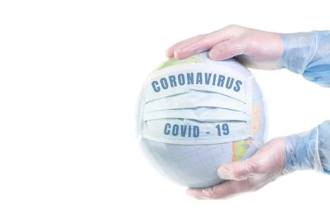 Globe in mask with coronavirus words Stock Photos