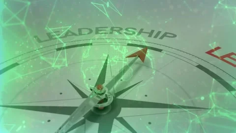 Globe materializing behind compass rose, arrow rotating toward red LEADERSHIP Stock Footage 327786337