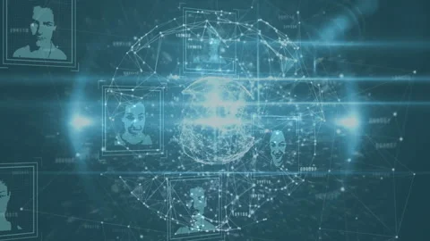 Globe materializing at center rotating while frames fading in and linking Stock Footage 313294929