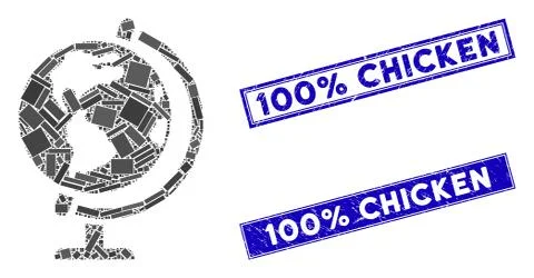 Globe Mosaic and Grunge Rectangle 100% Chicken Stamps Stock Illustration