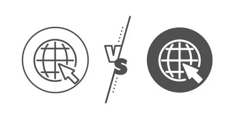 Globe with mouse cursor line icon. World sign. Vector Illustrazione stock